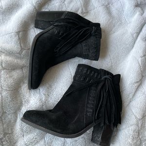 Black Fringe Suede Heeled Boots